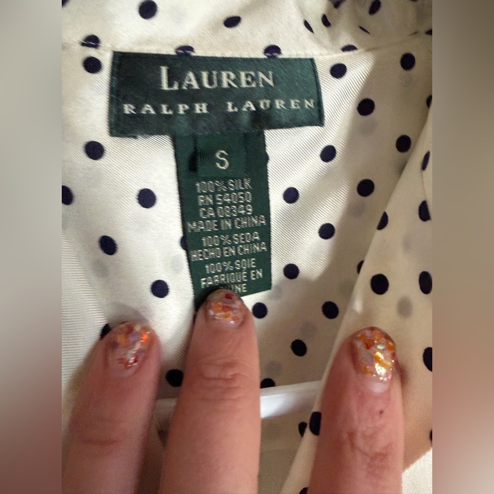 Vintage Silk Lauren Ralph Lauren White Polka Dot Button-Down Top with Black Dots - Picture 3 of 5